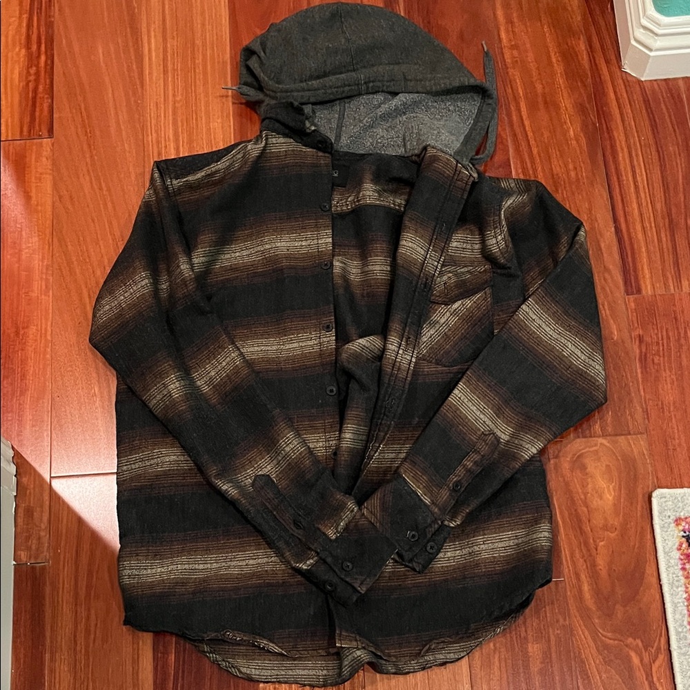 Ambig Striped Black and Brown Hooded Flannel Size L